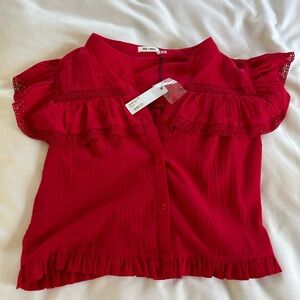Red Cropped Frilly Button Up Shirt, Sz medium